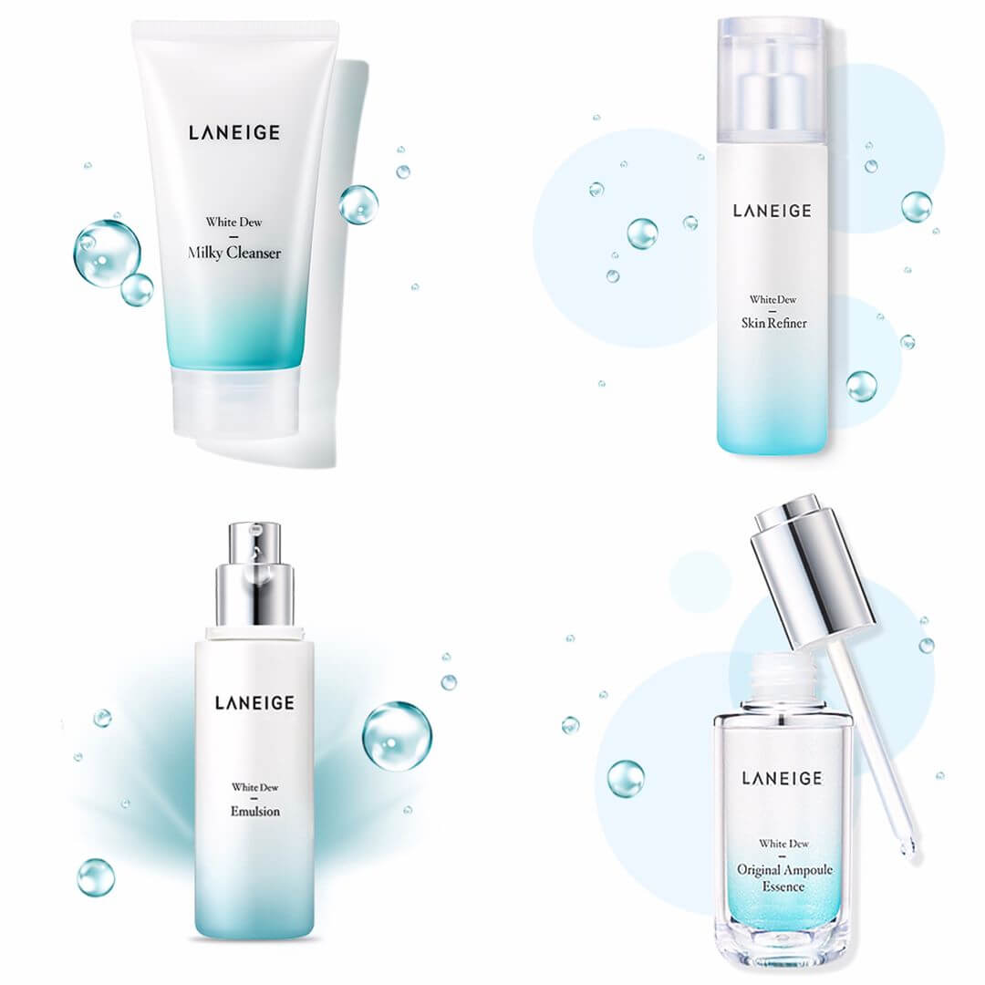 Laneige WHITE DEW COLLECTION   หยดประกายสว่างใสใส่จุดด่างดำ ลดเลือนผิวหมองคล้ำ ให้เจิดจรัสดุจน้ำค้างด้วยกลุ่มผลิตภัณฑ์ LANEIGE White Dew!